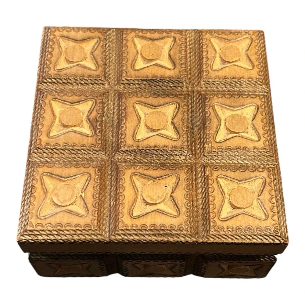Hand Carved Painted Wooden Hinged‎ Box Made in Poland No Key